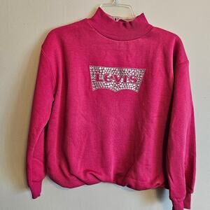 Levi's Big Girls Mockneck Bubble Knit Sweatshirt Pink with Silver Gems XL